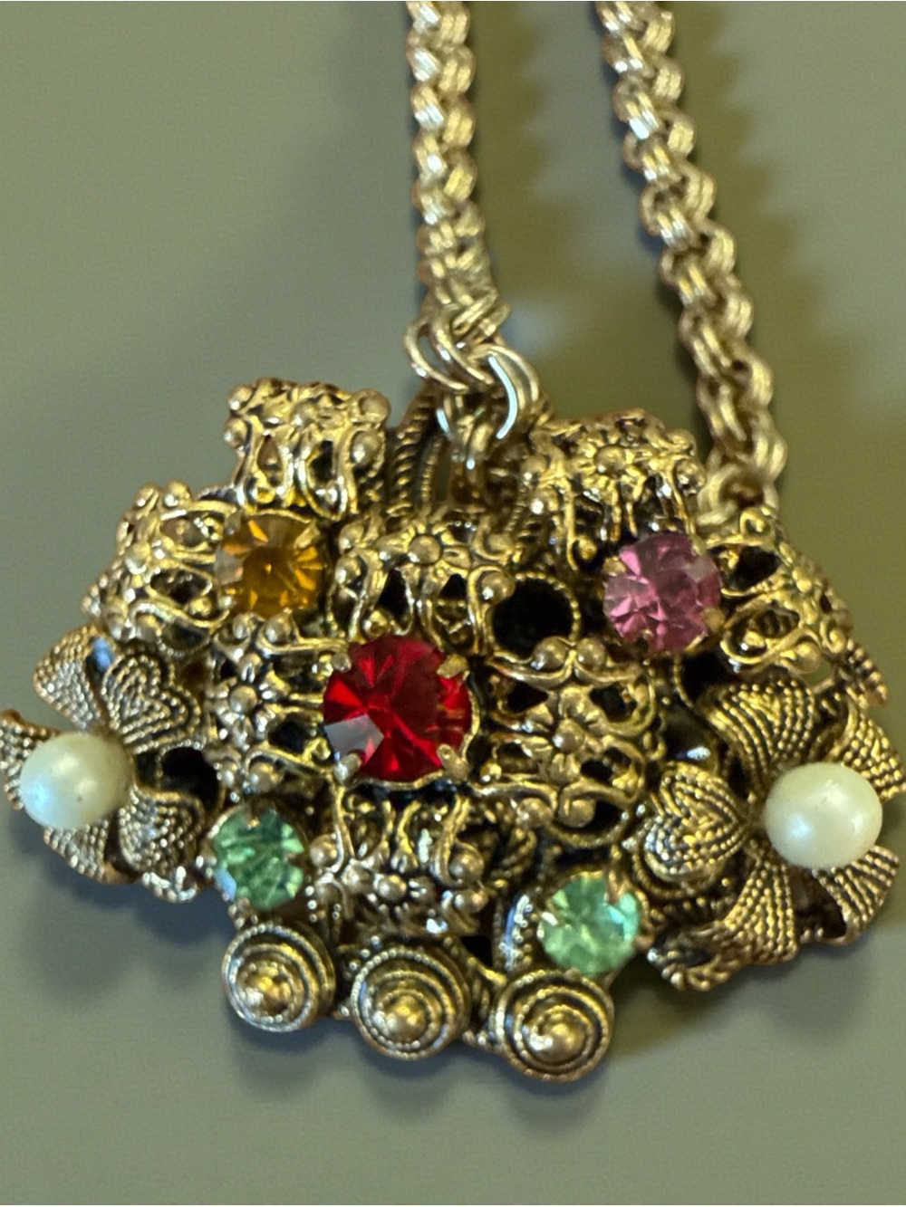 Vintage Czech Rhinestone Floral Basket Pendant with 30” Chain
